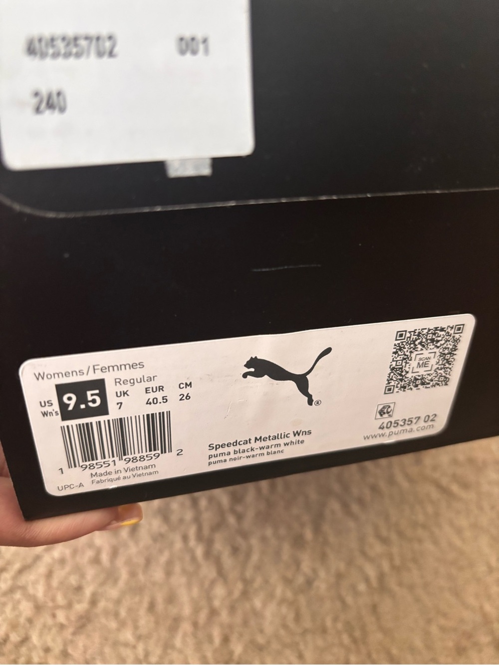 Puma Black and White Speedcat Metallic Wns Shoe Box Label